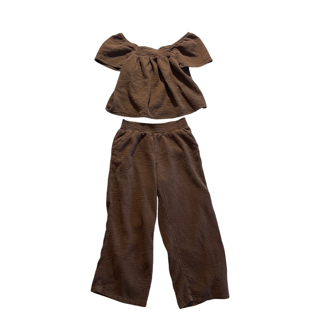 Brown Cotton Gauze 2 Piece Lounge Set Top Wide Leg Pants Size M by Joyspun